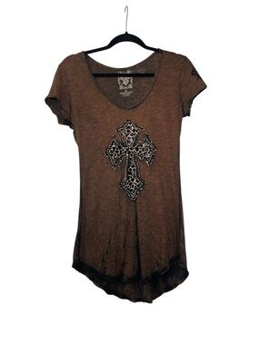 Velvet Stone Brown Short Sleeve Cross Appliqué Women's Tee Size Medium